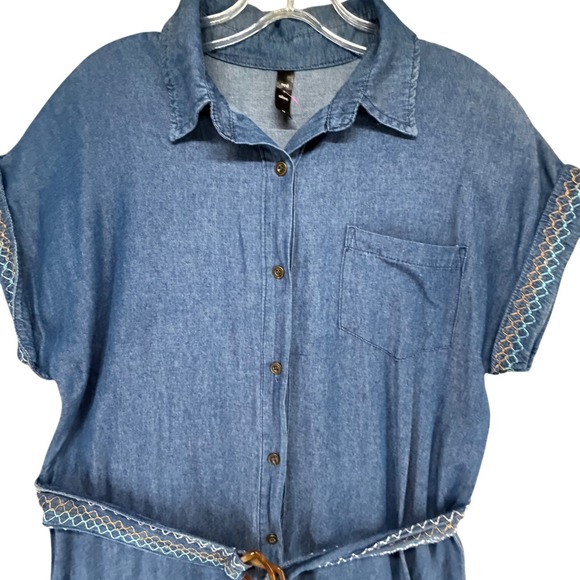 Red + Olive Denim Shirt Dress Women M Blue Belted Embroidered Hi Lo Boho Western - Picture 4 of 14